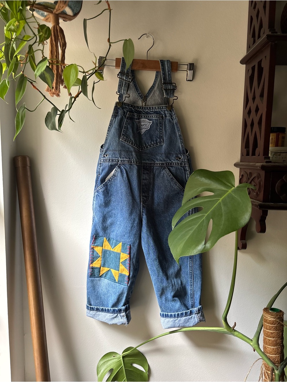 Vintage-Style GUESS Kids Blue Denim Overalls with hand stitched quilt patch